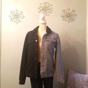 BoohooMan Two Tone Jean Jacket W/Shearling Collar Black/Gray  Sz. M EUC